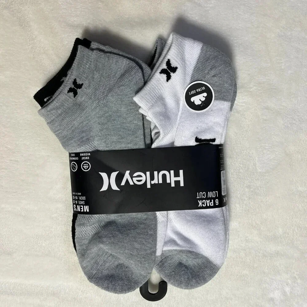 Hurley Mens 6 Pack Low Cut Socks NWT White Gray Black Size 10-13